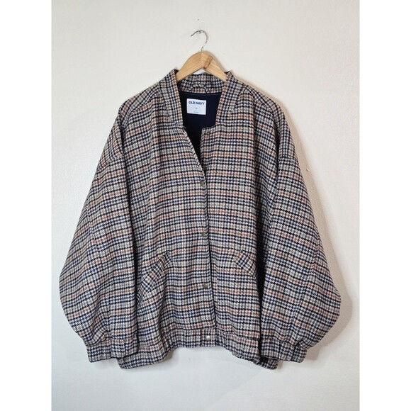 Old Navy Houndstooth Bomber Jacket Short Lined Plus Womens Size 3X Brown - Picture 1 of 11